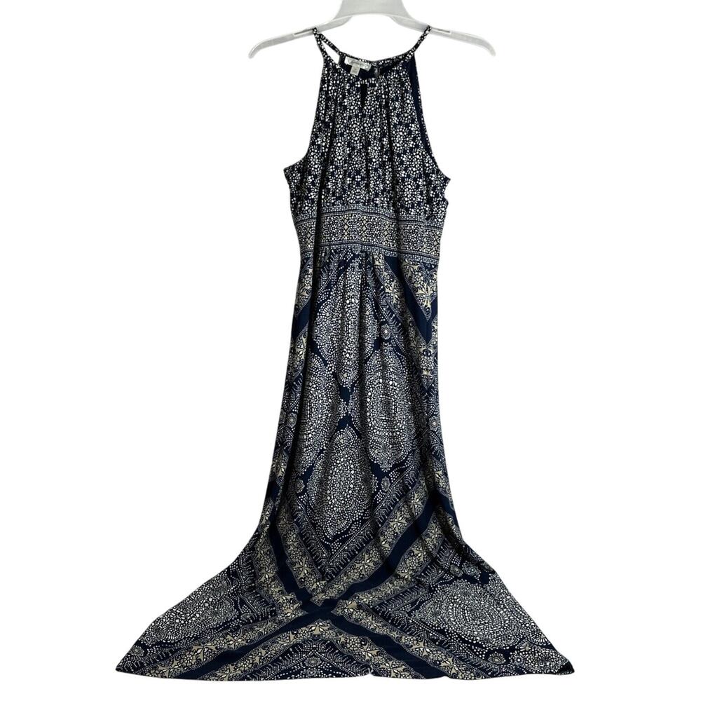 Dressbarn Blue Tan White Floral Boho Maxi Dress Size 12 Halter Gypsy Long
